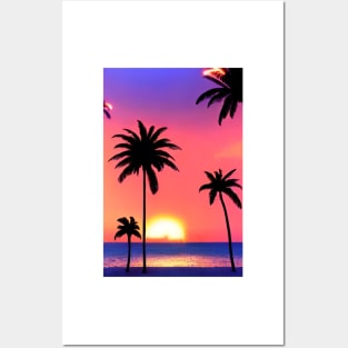Hot Summer Sunset Palm Tree Beach Ocean Artistic Paradise Posters and Art